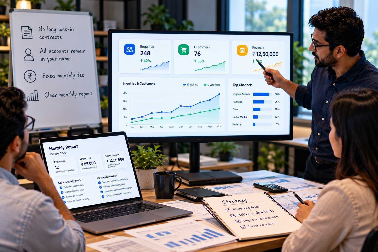 A one-page monthly growth report being discussed
