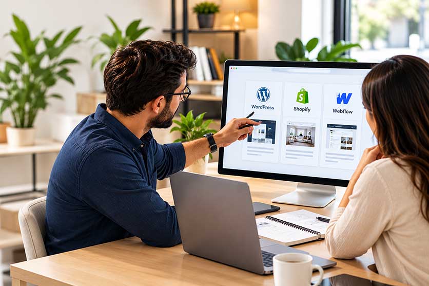 A project plan and staging link open on a laptop during a client review