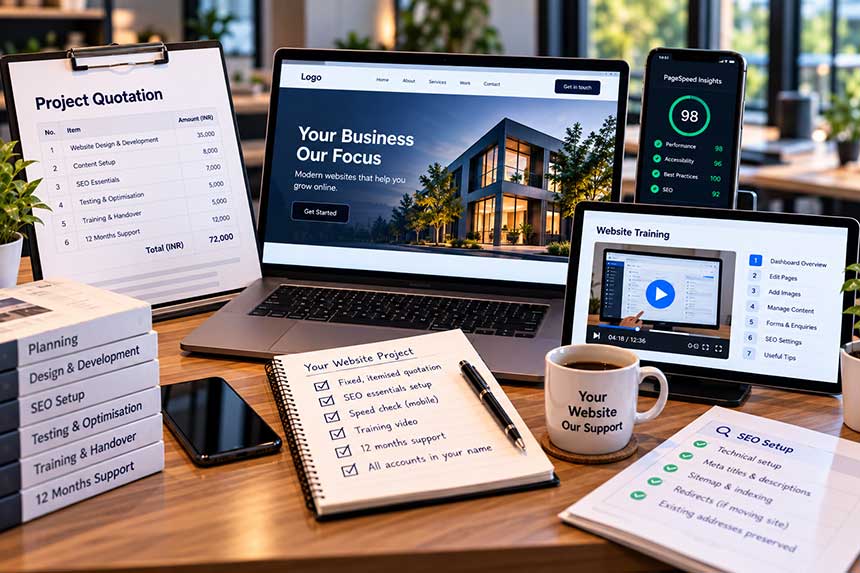 A project plan and staging link open on a laptop during a client review
