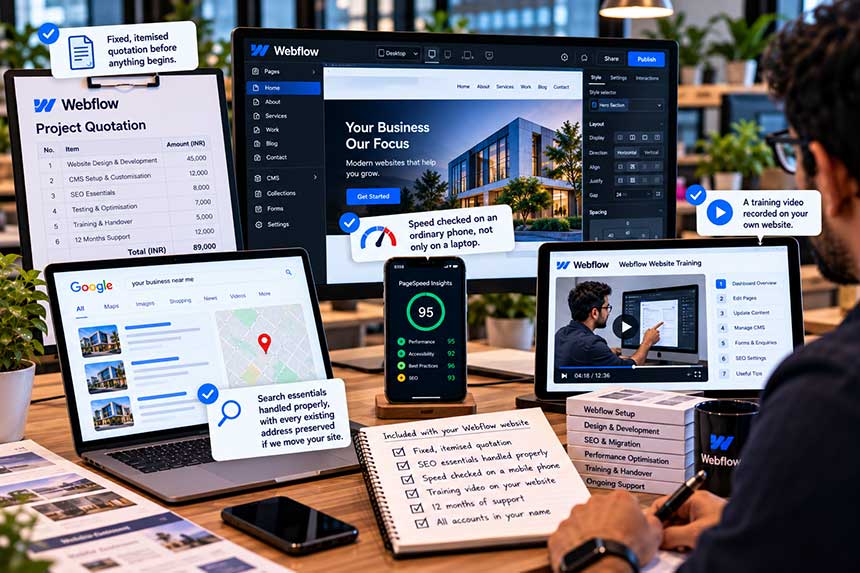 A project plan and staging link open on a laptop during a client review