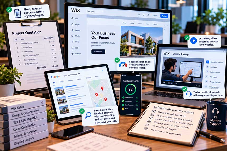 A project plan and staging link open on a laptop during a client review