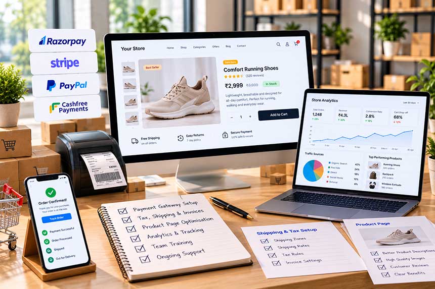 A checkout being tested on a phone alongside order and stock screens