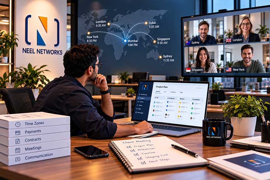 A project plan and staging link open on a laptop during a client review